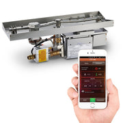 HPC Fire Inspired Linear Interlink Pan Insert with stainless steel, 120VAC ignition, propane fuel, shown with remote app control.