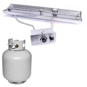 HPC Fire Inspired Linear Interlink Pan Inserts Liquid Propane with stainless steel burner and control panel connected to a propane tank.
