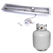 HPC Fire Inspired Linear Trough Inserts Liquid Propane stainless steel burner with propane tank and ignition key for outdoor fire features.