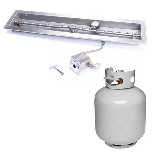 HPC Fire Inspired Linear Trough Inserts Liquid Propane stainless steel burner with propane tank and ignition key for outdoor fire features.