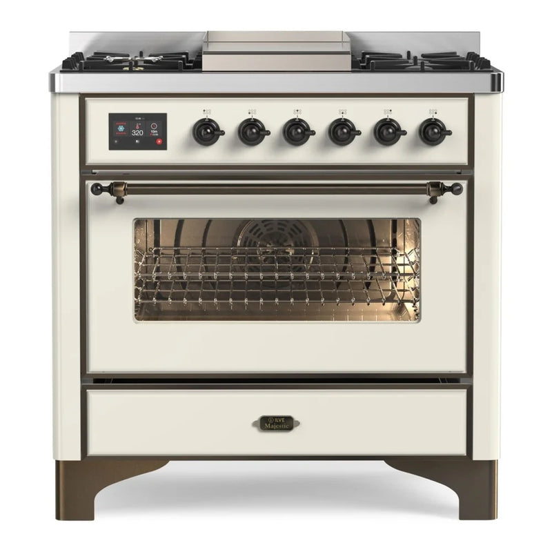 ILVE Majestic II 36" Dual Fuel Freestanding Range in Antique White with Burnished Trim, UM09FDNS3AWBLP