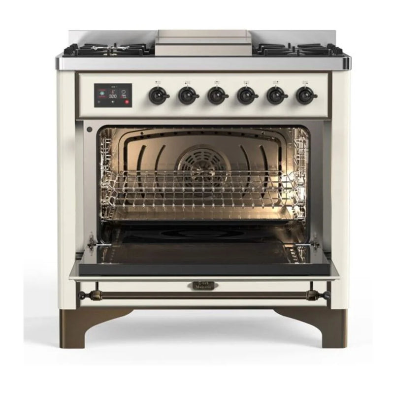 ILVE Majestic II 36" Dual Fuel Freestanding Range in Antique White with Burnished Trim, UM09FDNS3AWBLP