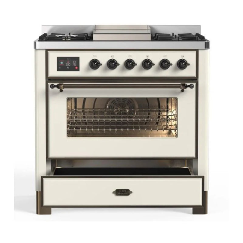 ILVE Majestic II 36" Dual Fuel Freestanding Range in Antique White with Burnished Trim, UM09FDNS3AWBLP
