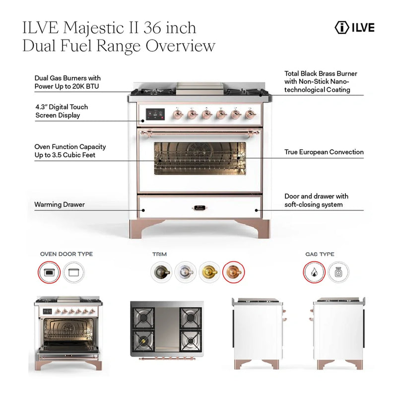 ILVE Majestic II 36" Dual Fuel Freestanding Range in Antique White with Burnished Trim, UM09FDNS3AWB