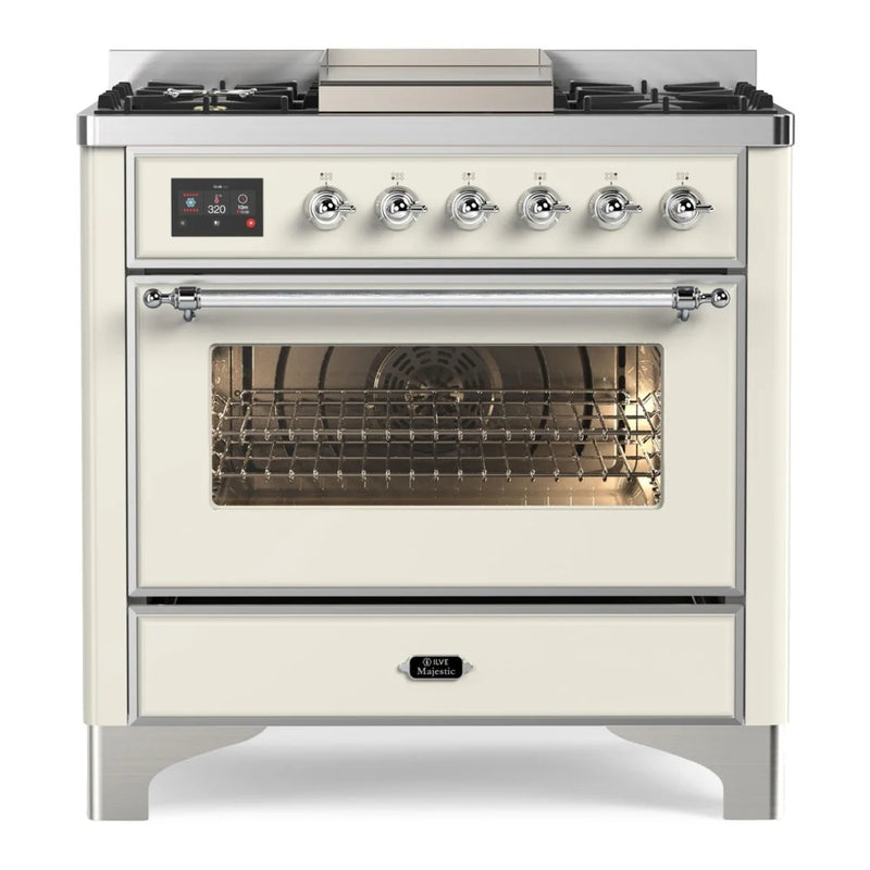 ILVE Majestic II 36" Dual Fuel Freestanding Range in Antique White with Chrome Trim, UM09FDNS3AWC