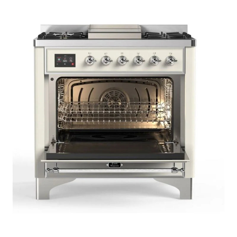 ILVE Majestic II 36" Dual Fuel Freestanding Range in Antique White with Chrome Trim, UM09FDNS3AWC