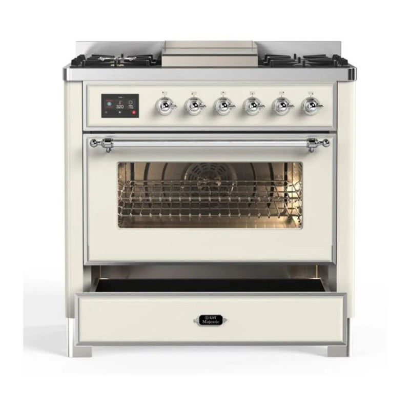 ILVE Majestic II 36" Dual Fuel Freestanding Range in Antique White with Chrome Trim, UM09FDNS3AWC
