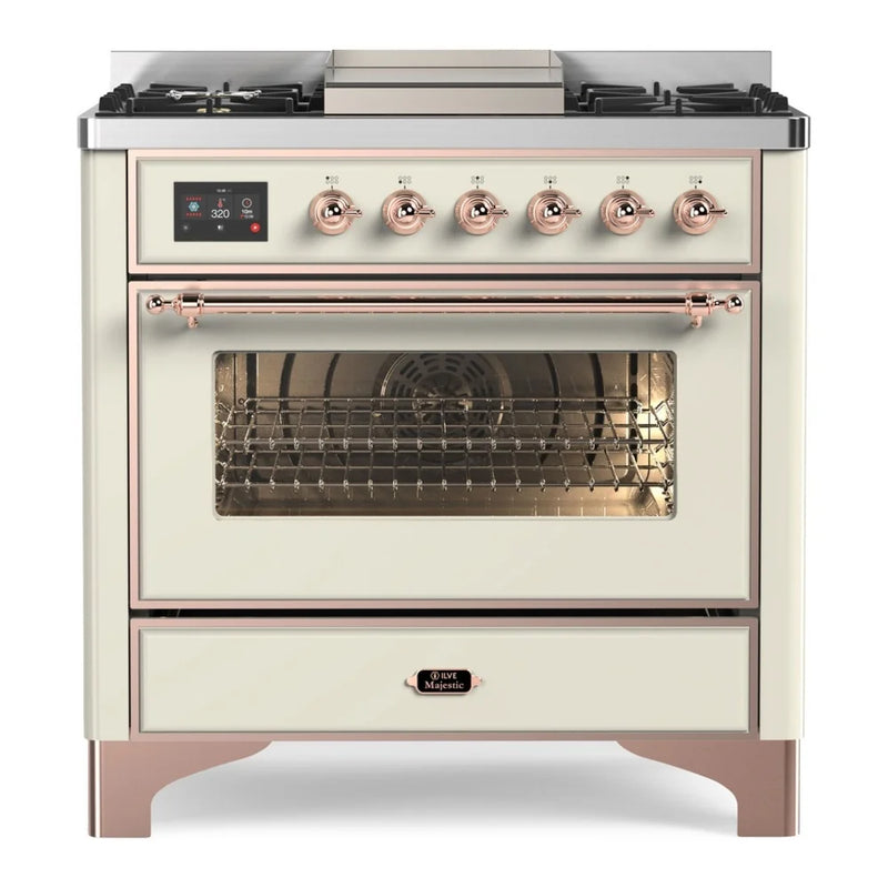 ILVE Majestic II 36" Dual Fuel Freestanding Range in Antique White with Copper Trim, UM09FDNS3AWPLP