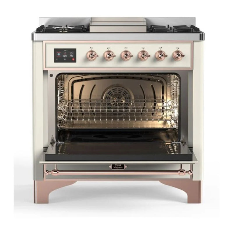 ILVE Majestic II 36" Dual Fuel Freestanding Range in Antique White with Copper Trim, UM09FDNS3AWPLP