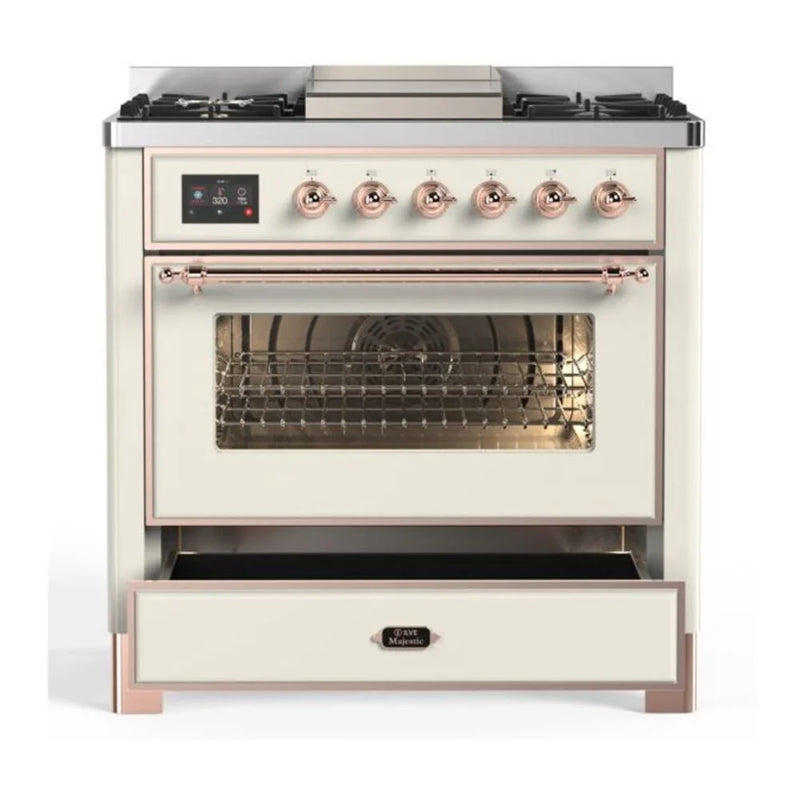ILVE Majestic II 36" Dual Fuel Freestanding Range in Antique White with Copper Trim, UM09FDNS3AWPLP