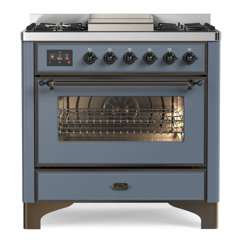 ILVE Majestic II 36" Dual Fuel Freestanding Range in Blue Grey with Burnished Trim, UM09FDNS3BGBLP