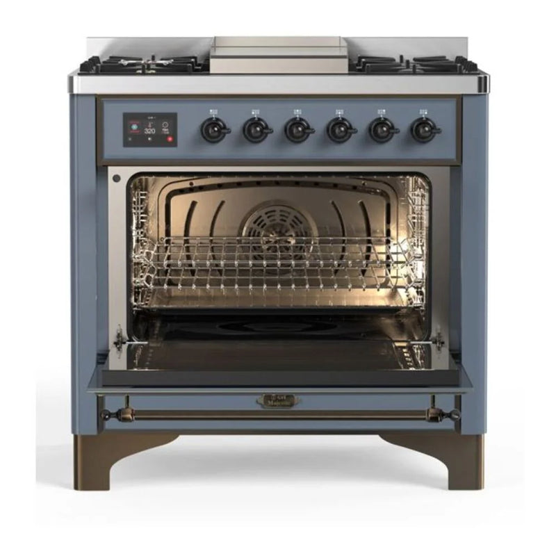 ILVE Majestic II 36" Dual Fuel Freestanding Range in Blue Grey with Burnished Trim, UM09FDNS3BGBLP