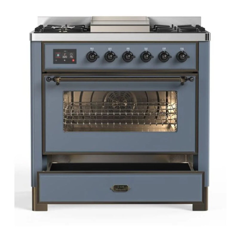ILVE Majestic II 36" Dual Fuel Freestanding Range in Blue Grey with Burnished Trim, UM09FDNS3BGBLP