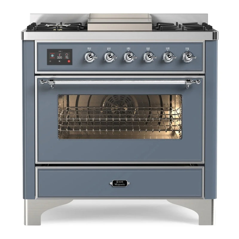 ILVE Majestic II 36" Dual Fuel Freestanding Range in Blue Grey with Chrome Trim, UM09FDNS3BGCLP