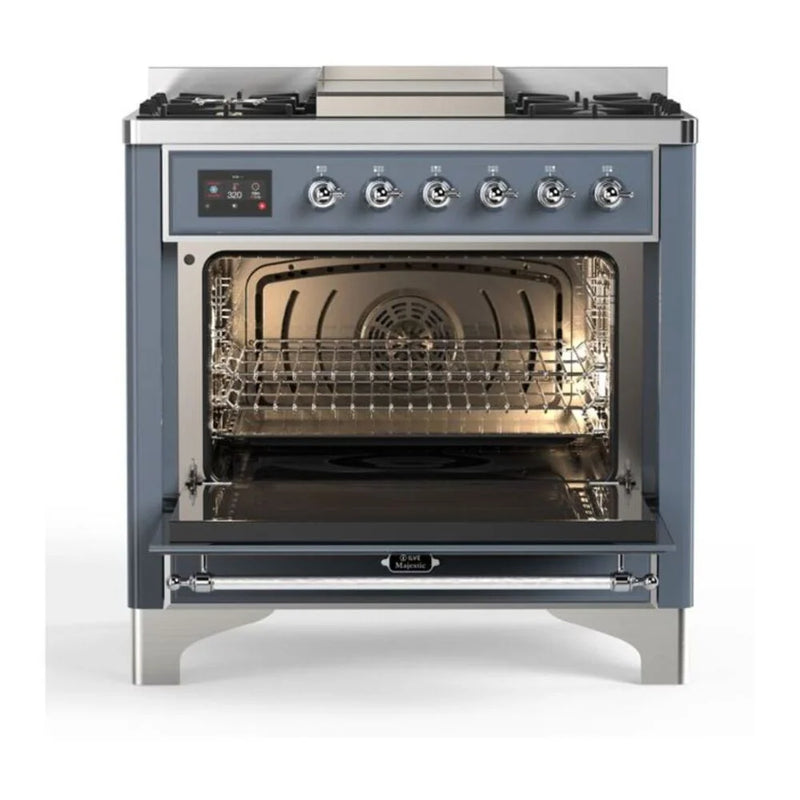 ILVE Majestic II 36" Dual Fuel Freestanding Range in Blue Grey with Chrome Trim, UM09FDNS3BGCLP