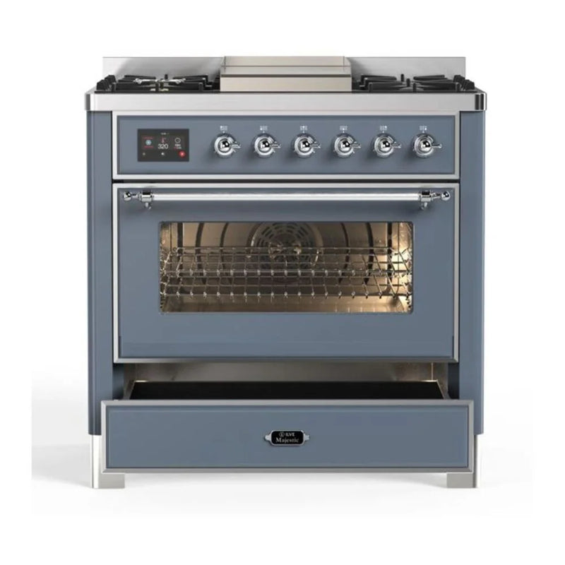 ILVE Majestic II 36" Dual Fuel Freestanding Range in Blue Grey with Chrome Trim, UM09FDNS3BGCLP