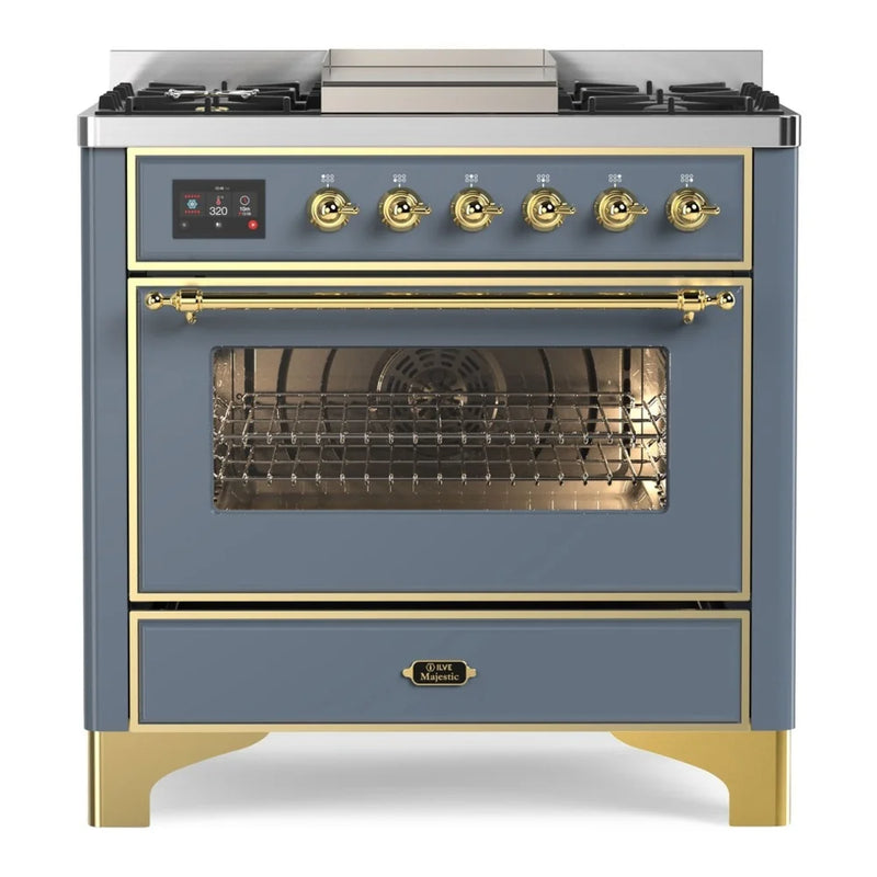 ILVE Majestic II 36" Dual Fuel Freestanding Range in Blue Grey with Brass Trim, UM09FDNS3BGGLP