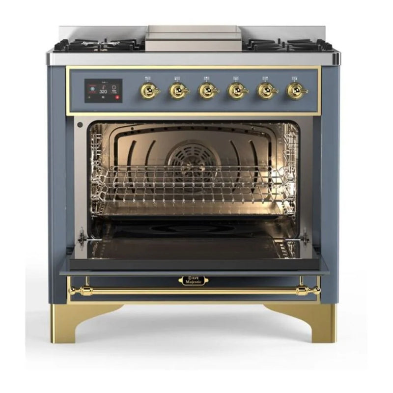 ILVE Majestic II 36" Dual Fuel Freestanding Range in Blue Grey with Brass Trim, UM09FDNS3BGGLP