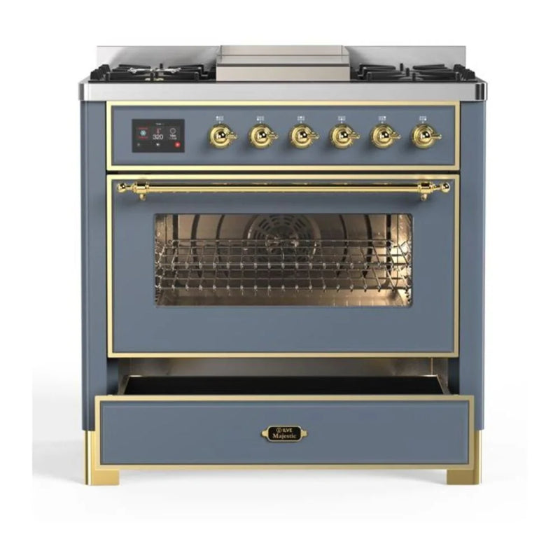 ILVE Majestic II 36" Dual Fuel Freestanding Range in Blue Grey with Brass Trim, UM09FDNS3BGGLP