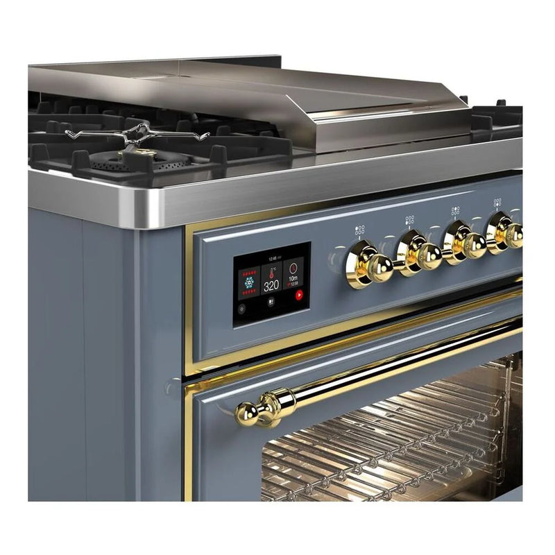 ILVE Majestic II 36" Dual Fuel Freestanding Range in Blue Grey with Brass Trim, UM09FDNS3BGGLP