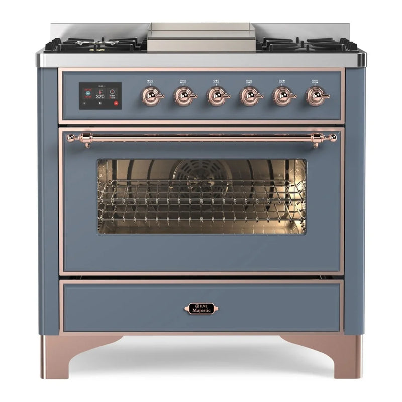 ILVE Majestic II 36" Dual Fuel Freestanding Range in Blue Grey with Copper Trim, UM09FDNS3BGPLP
