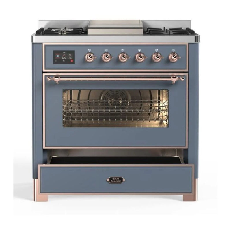 ILVE Majestic II 36" Dual Fuel Freestanding Range in Blue Grey with Copper Trim, UM09FDNS3BGPLP
