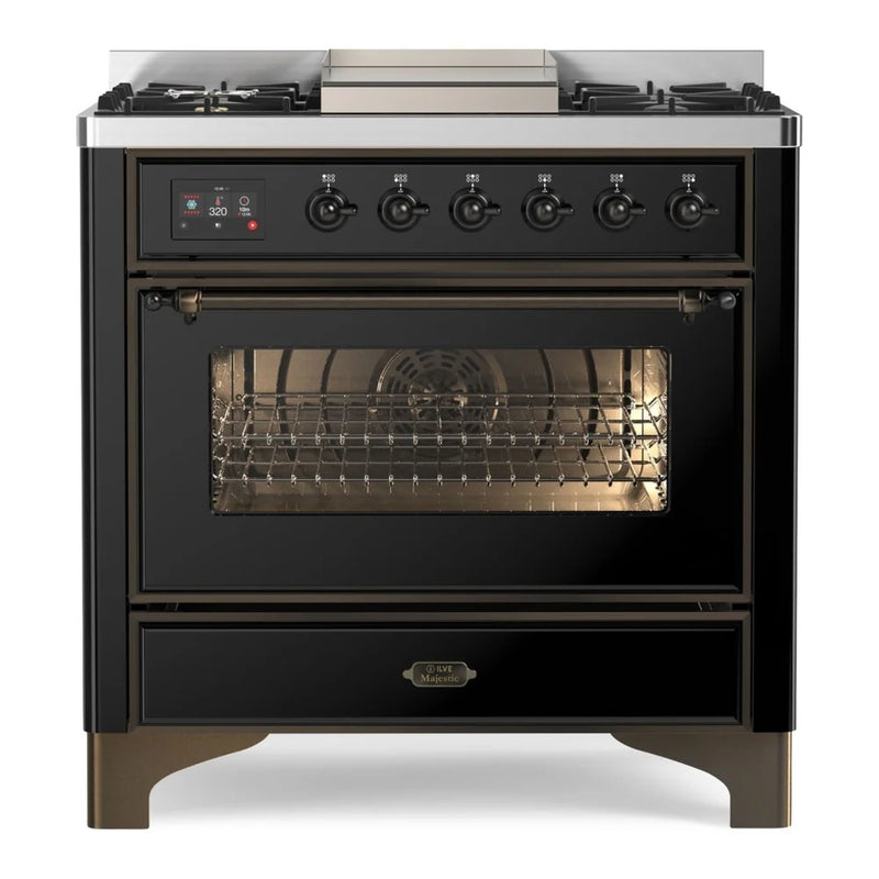 ILVE Majestic II 36" Dual Fuel Freestanding Range in Glossy Black with Burnished Trim, UM09FDNS3BKB