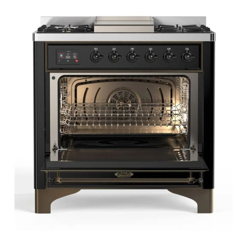 ILVE Majestic II 36" Dual Fuel Freestanding Range in Glossy Black with Burnished Trim, UM09FDNS3BKB