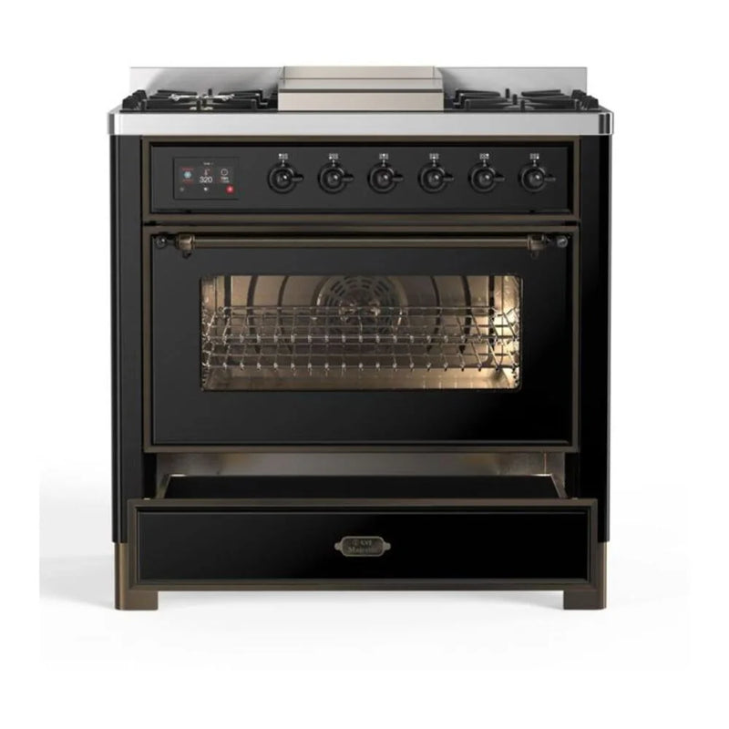 ILVE Majestic II 36" Dual Fuel Freestanding Range in Glossy Black with Burnished Trim, UM09FDNS3BKB