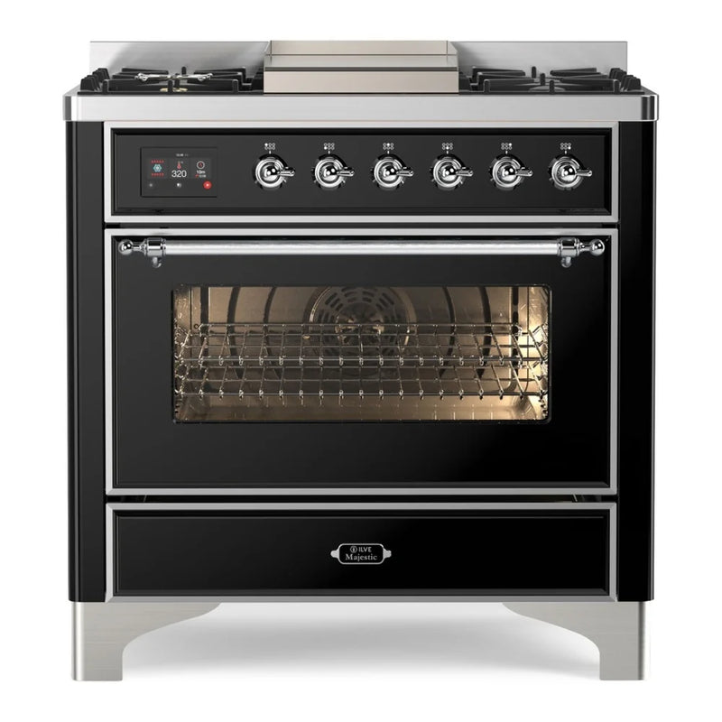 ILVE Majestic II 36" Dual Fuel Freestanding Range in Glossy Black with Chrome Trim, UM09FDNS3BKC