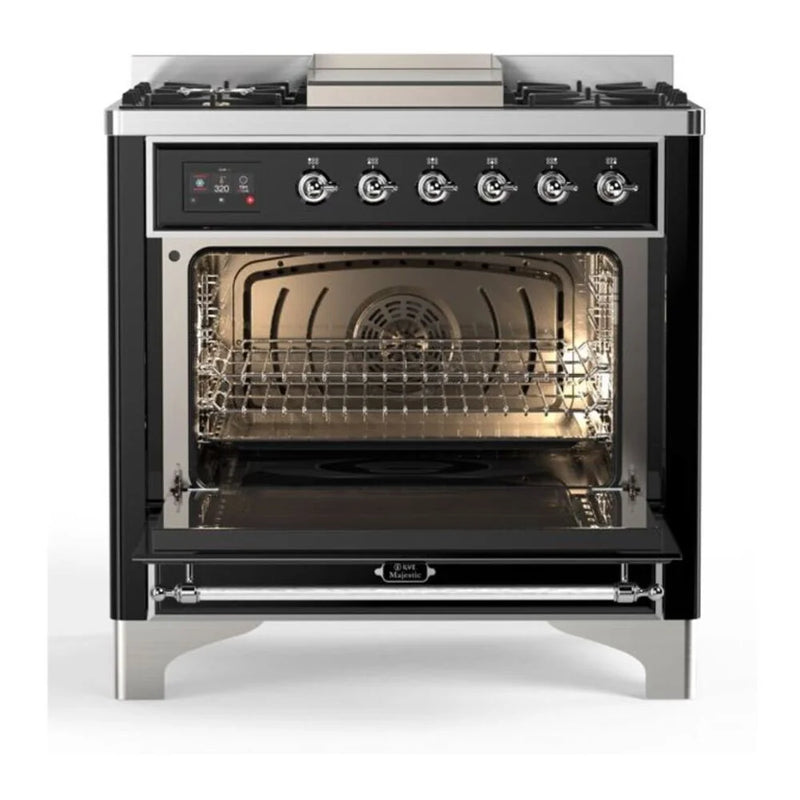 ILVE Majestic II 36" Dual Fuel Freestanding Range in Glossy Black with Chrome Trim, UM09FDNS3BKC