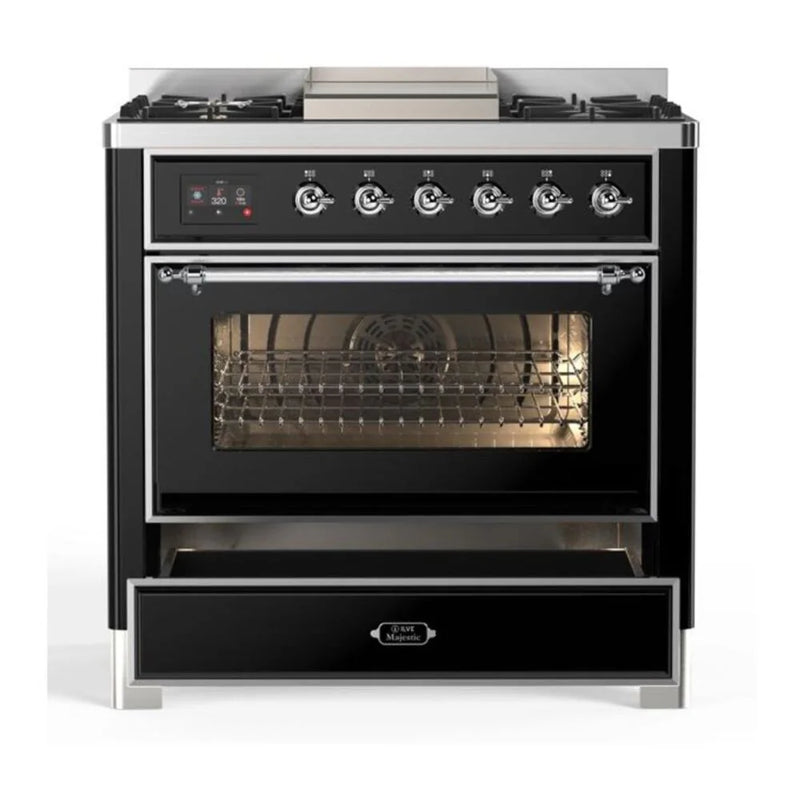 ILVE Majestic II 36" Dual Fuel Freestanding Range in Glossy Black with Chrome Trim, UM09FDNS3BKC