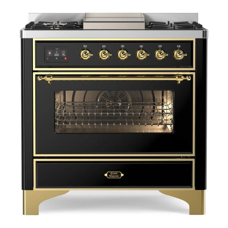 ILVE Majestic II 36" Dual Fuel Freestanding Range in Glossy Black with Brass Trim, UM09FDNS3BKGLP