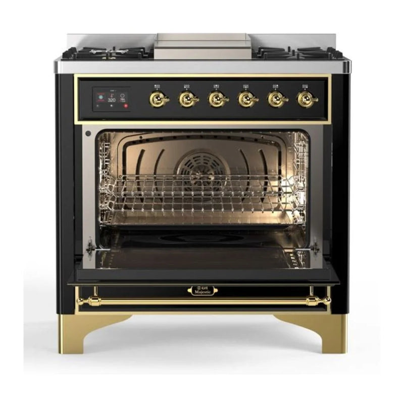 ILVE Majestic II 36" Dual Fuel Freestanding Range in Glossy Black with Brass Trim, UM09FDNS3BKGLP