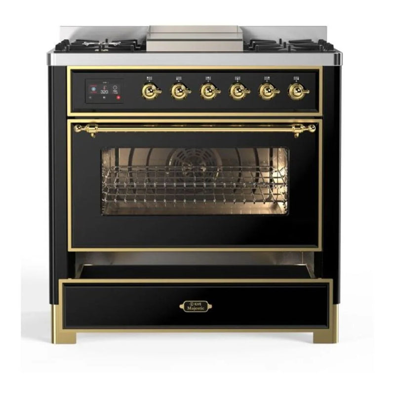 ILVE Majestic II 36" Dual Fuel Freestanding Range in Glossy Black with Brass Trim, UM09FDNS3BKGLP