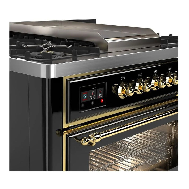 ILVE Majestic II 36" Dual Fuel Freestanding Range in Glossy Black with Brass Trim, UM09FDNS3BKGLP