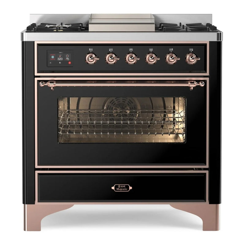 ILVE Majestic II 36" Dual Fuel Freestanding Range in Glossy Black with Copper Trim, UM09FDNS3BKPLP