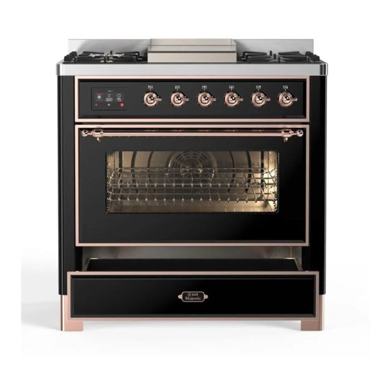ILVE Majestic II 36" Dual Fuel Freestanding Range in Glossy Black with Copper Trim, UM09FDNS3BKPLP