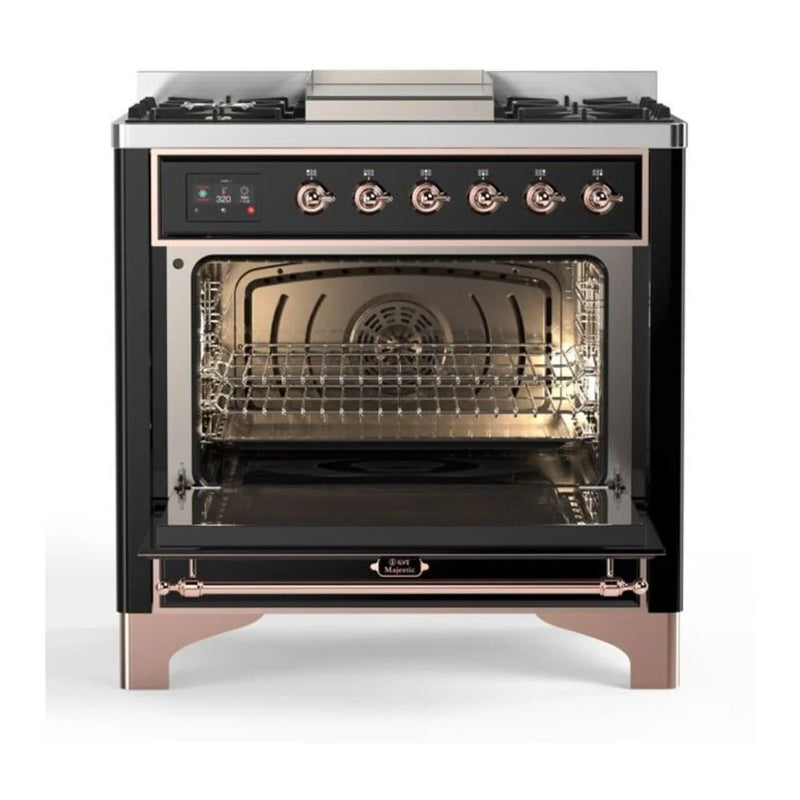 ILVE Majestic II 36" Dual Fuel Freestanding Range in Glossy Black with Copper Trim, UM09FDNS3BKP