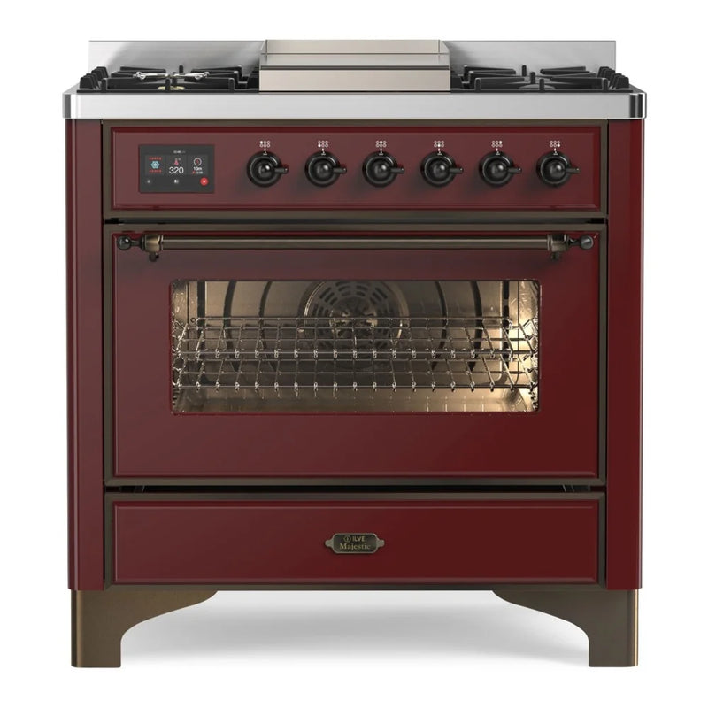 ILVE Majestic II 36" Dual Fuel Freestanding Range in Burgundy with Burnished Trim, UM09FDNS3BUBLP