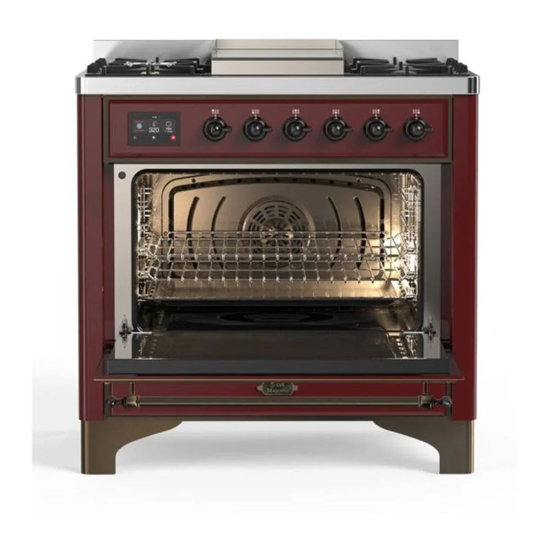 ILVE Majestic II 36" Dual Fuel Freestanding Range in Burgundy with Burnished Trim, UM09FDNS3BUB