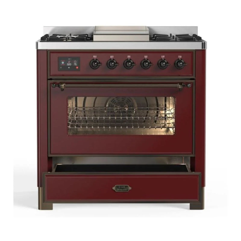ILVE Majestic II 36" Dual Fuel Freestanding Range in Burgundy with Burnished Trim, UM09FDNS3BUB