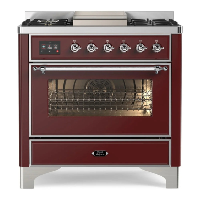 ILVE Majestic II 36" Dual Fuel Freestanding Range in Burgundy with Chrome Trim, UM09FDNS3BUCLP