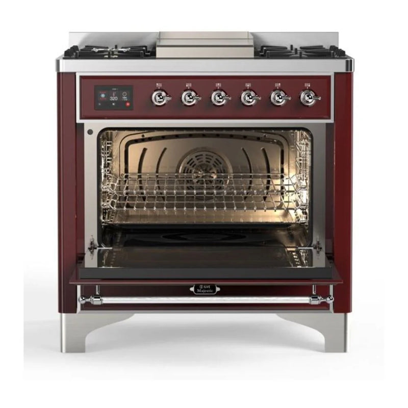 ILVE Majestic II 36" Dual Fuel Freestanding Range in Burgundy with Chrome Trim, UM09FDNS3BUCLP