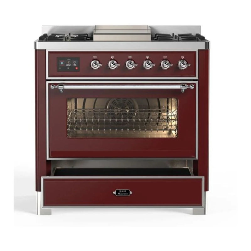 ILVE Majestic II 36" Dual Fuel Freestanding Range in Burgundy with Chrome Trim, UM09FDNS3BUC