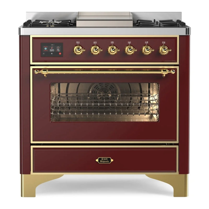 ILVE Majestic II 36" Dual Fuel Freestanding Range in Burgundy with Brass Trim, UM09FDNS3BUGLP