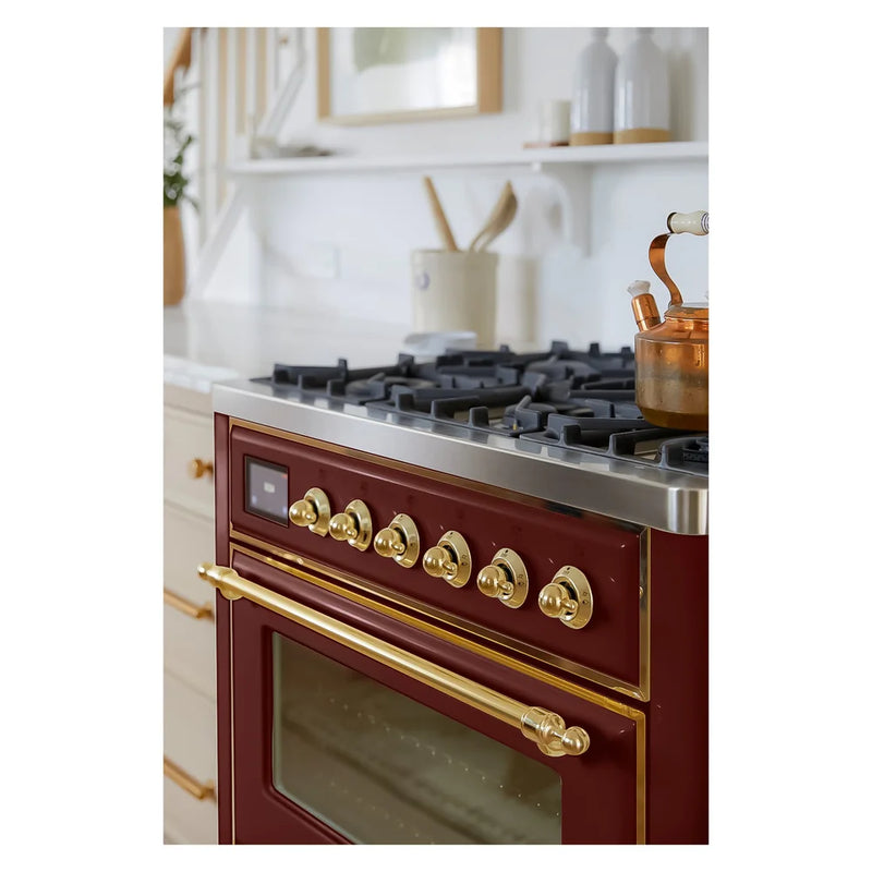 ILVE Majestic II 36" Dual Fuel Freestanding Range in Burgundy with Brass Trim, UM09FDNS3BUGLP