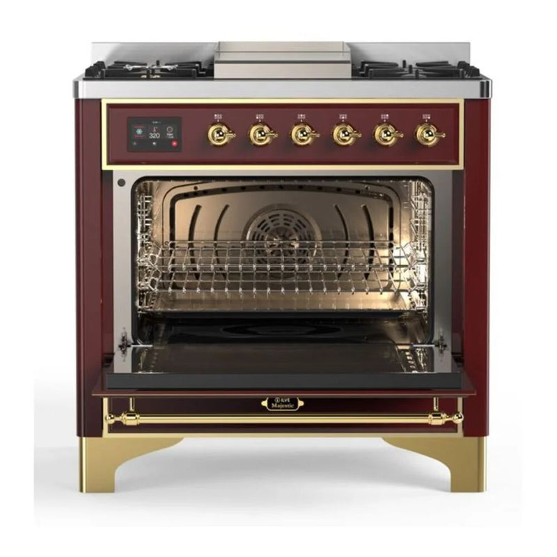 ILVE Majestic II 36" Dual Fuel Freestanding Range in Burgundy with Brass Trim, UM09FDNS3BUGLP
