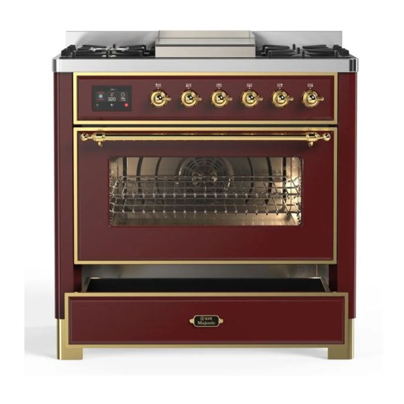 ILVE Majestic II 36" Dual Fuel Freestanding Range in Burgundy with Brass Trim, UM09FDNS3BUG