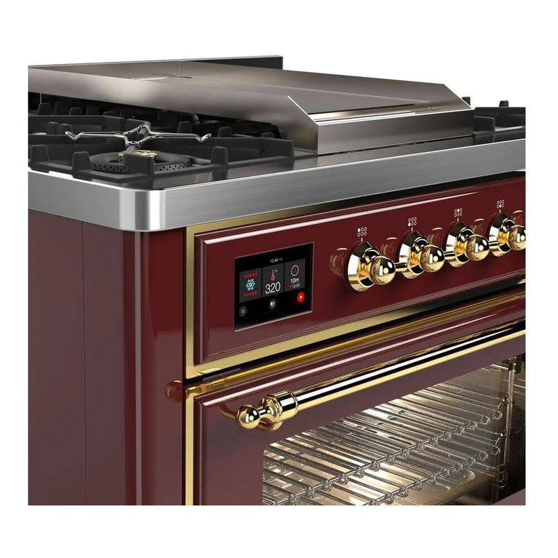 ILVE Majestic II 36" Dual Fuel Freestanding Range in Burgundy with Brass Trim, UM09FDNS3BUG
